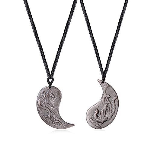 Obsidian Dragon & Phoenix Yin Yang Pendant Necklaces for Couples