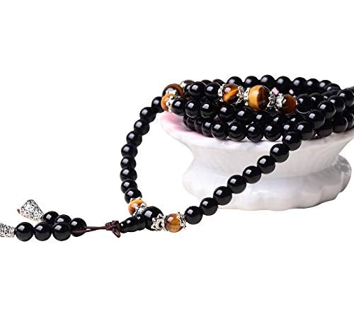 Tiger Eye Crystal Gemstone Bracelet Tibetan Buddhist Buddha Meditation 108 Obsidian Prayer Bead Bracelet