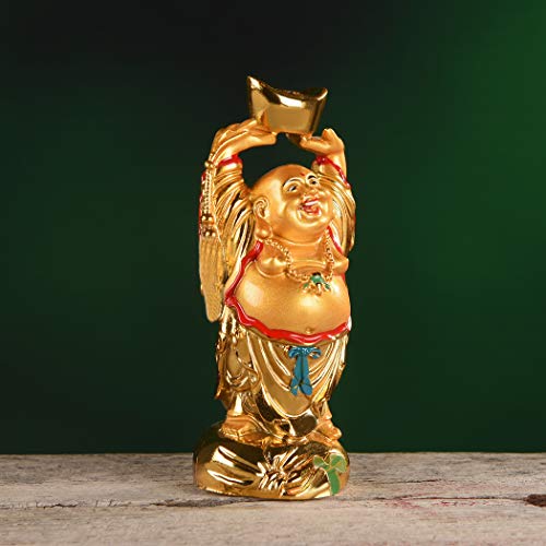 Feng Shui Resin Golden Laughing Buddha Holding Ingot Statue Wealth Luck 4.7''