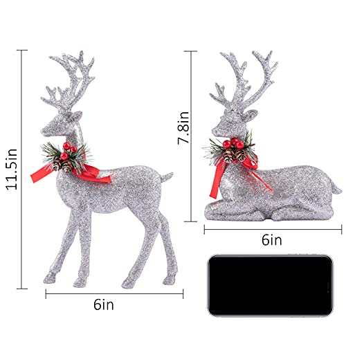 2 Pcs Standing and Lying Silver Christmas Reindeer Decor