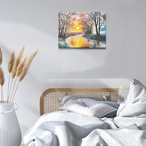 Blue Red Trees Sunrise in Forest Landscape Wood Framed Canvas Wall Decor 12x16"