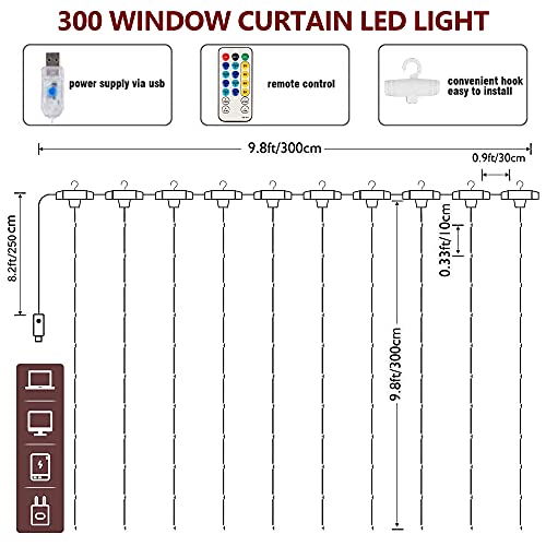 300 LED 8 Lighting Modes Fairy Copper Window Curtain String Lights with Remote