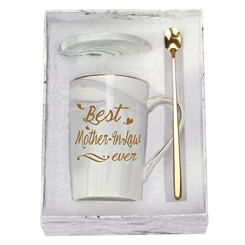 Best Mother In Law Coffee Mug Best 14 Ounce Pink w/ Gift Box Spoon Coaster
