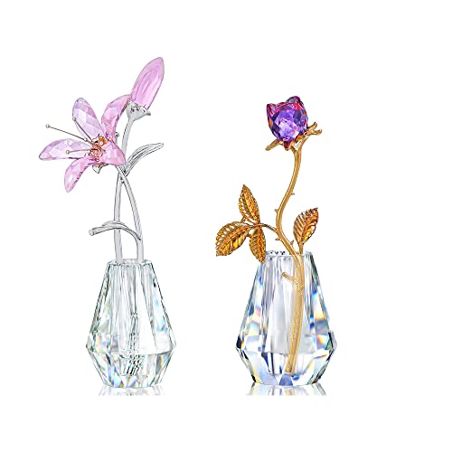 2 Crystal Glass Flowers Collectible Figurine for Home Decoration