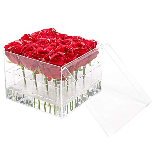 Acrylic Flower Box Water Holder, Clear Rose Pots Stand - Decorative Square Vase