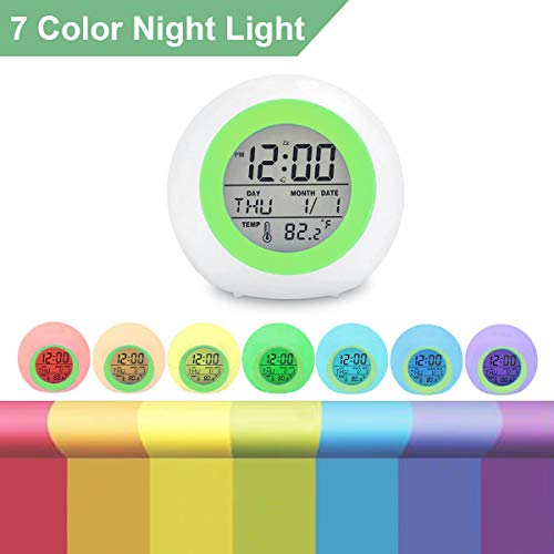 Digital Alarm Clock, 7 Color Night Light, Snooze, Temperature Detect Batteries Operated