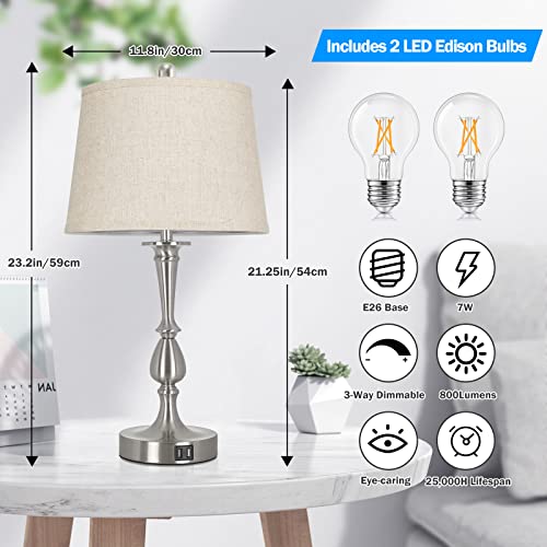 Set of 2  Dimmable Table Lamps w/ 2 USB Ports 2 LED Bulbs Included