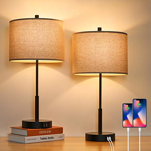 Set of 2  Dimmable Table Lamps w/ 2 USB Ports 2 LED Bulbs Included
