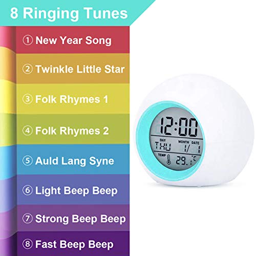 Digital Alarm Clock, 7 Color Night Light, Snooze, Temperature Detect Batteries Operated