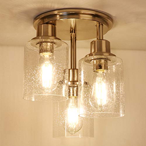 Semi Flush Mount Ceiling 3-Light Fixtures, w/ Clear Seeded Glass Shade