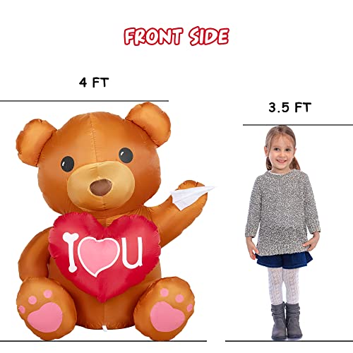 4 FT Valentines Day Inflatable Outdoor Decorations, Teddy Bear w/ Build-in LED Lights