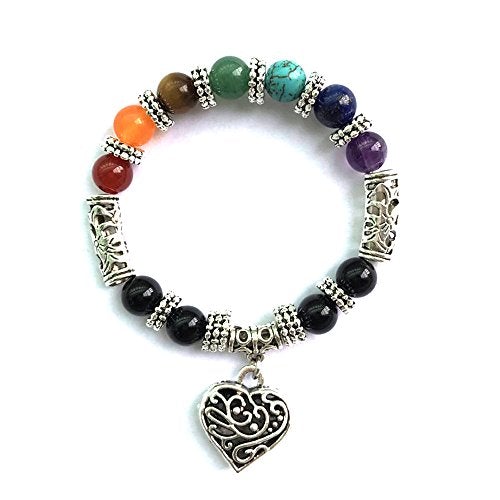 10MM 7 Chakra Religion Healing Balance Stone Beaded Bracelet Yoga Reiki Charm Heart Bracelets