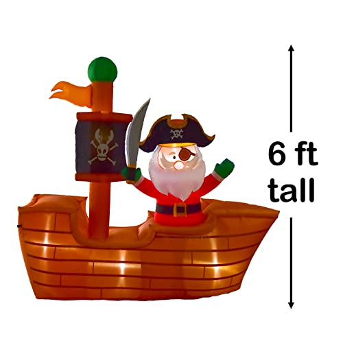 6-Ft Christmas Pirate Santa on A Wooden Flag Inflatable Ship w/ Built-in LED Lights