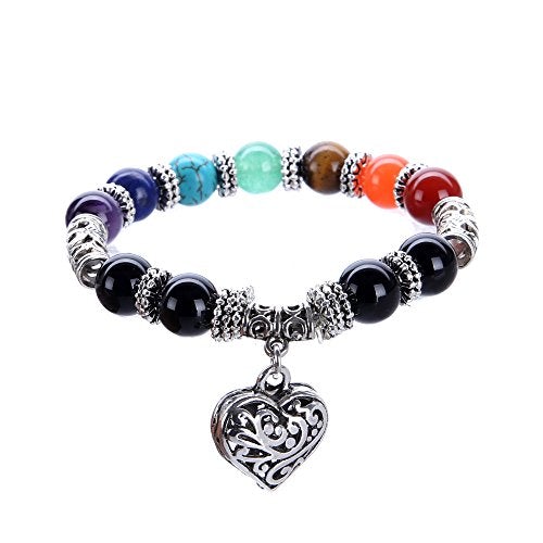 10MM 7 Chakra Religion Healing Balance Stone Beaded Bracelet Yoga Reiki Charm Heart Bracelets