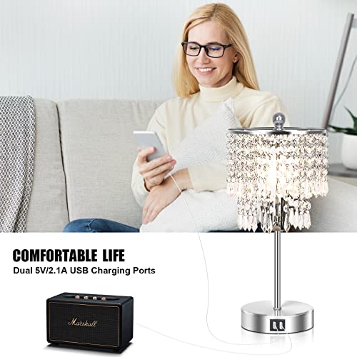 Crystal Lamp for Bedroom Set of 2, 3-Way Dimmable Touch Control w/  2 USB Charging Ports ED Bulb Included