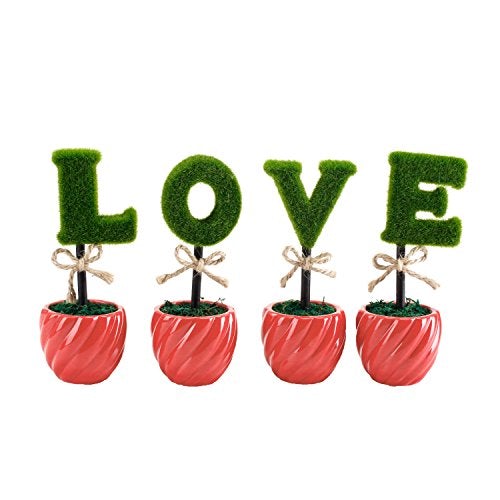 Decorative Letter Shaped Topiary Trees, Artificial Plants Sculpted Love in Ceramic Pots, Set of 4