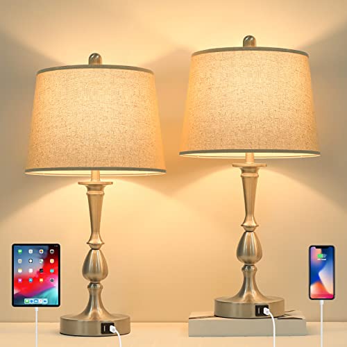 Set of 2  Dimmable Table Lamps w/ 2 USB Ports 2 LED Bulbs Included