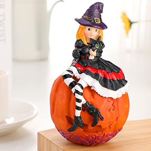 Halloween Little Witch Sitting on a Pumpkin Statue Figurine