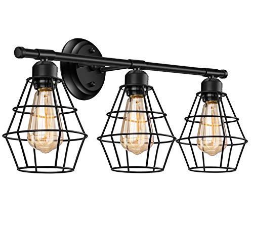 Industrial 3 Lights Vintage Matte Black Wall Sconce w/ Caged
