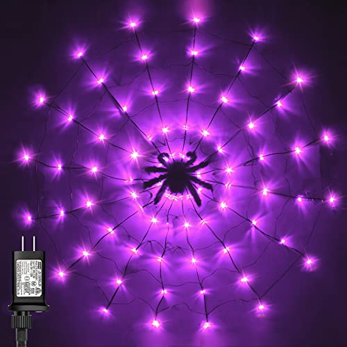 3.9FT Diameter 80 LED Halloween Spider Web Lights w/ Black Spider