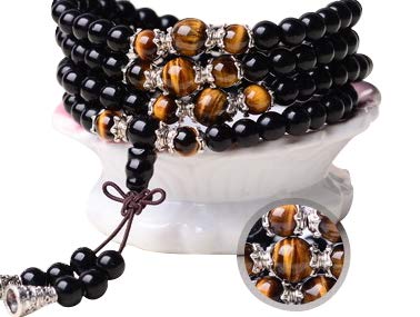 Tiger Eye Crystal Gemstone Bracelet Tibetan Buddhist Buddha Meditation 108 Obsidian Prayer Bead Bracelet