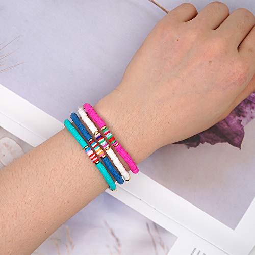 14 PCS Heishi Rainbow Vinyl Disc Beads String Stack Bracelet Surfer Stretch Cord Bracelets