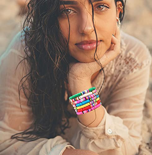 14 Pcs Colorful Surfer Stackable Rainbow Vinyl Beaded Bracelet Set Bundle Promo