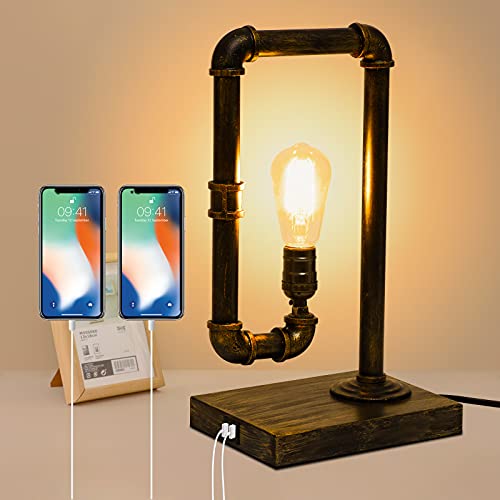 Touch Control Iron Piping Table Lamp, 3-Way Dimmable w/ Dual USB Charging Port (Bulb is Included)