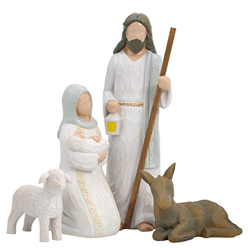 Xmas Decorations Figurines Set - Joseph, Mary Hold Baby Jesus, Donkey and a Lamb