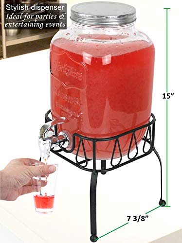 1 Gallon, Mason Jar Beverage Dispenser with Stand, Lid - Leak Free