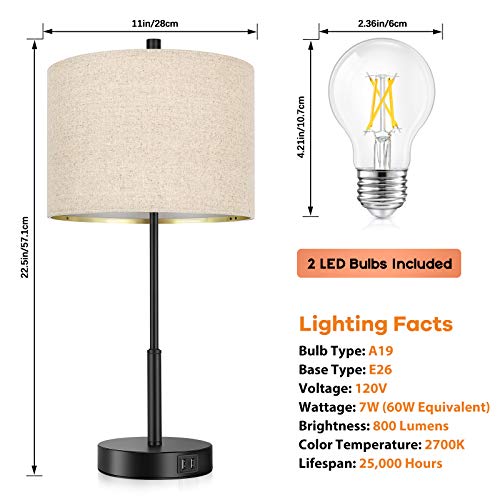 Set of 2  Dimmable Table Lamps w/ 2 USB Ports 2 LED Bulbs Included