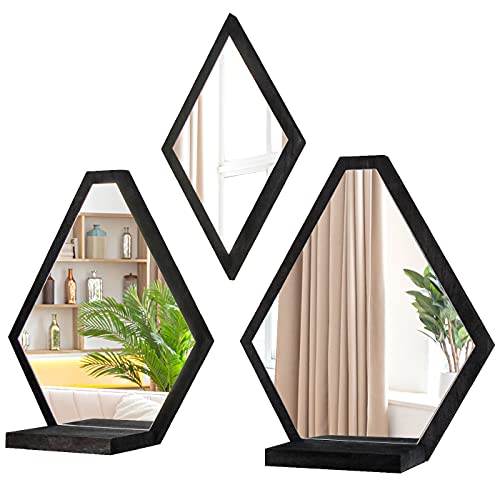 Decorative Mirrors- Set of 3, Geometric Rustic Wood Real Mirror w/ Shelf