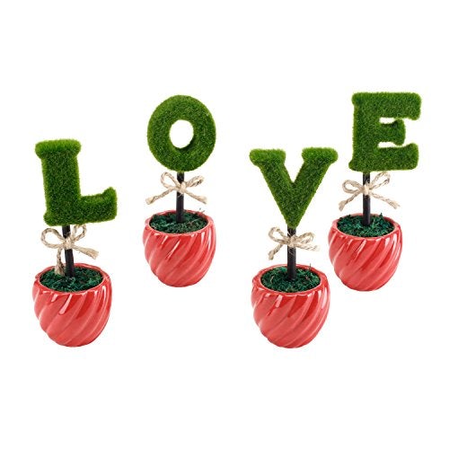 Decorative Letter Shaped Topiary Trees, Artificial Plants Sculpted Love in Ceramic Pots, Set of 4