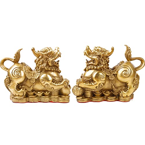 Set of 2 Feng Shui pixiu/pi yao Statue Figurine Attract Good Luck Wealth Decoration Sculpture Golden