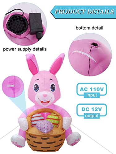 6FT Easter Inflatables Pink Bunny Outdoor Decor w/ Build-in LED Light