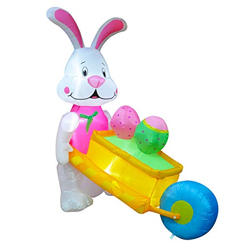 6 FT LED Easter Inflatable Decoration Bunny Rabbit Pushing Wheelbarrow w/ Eggs