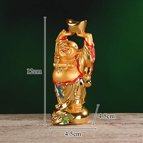 Feng Shui Resin Golden Laughing Buddha Holding Ingot Statue Wealth Luck 4.7''