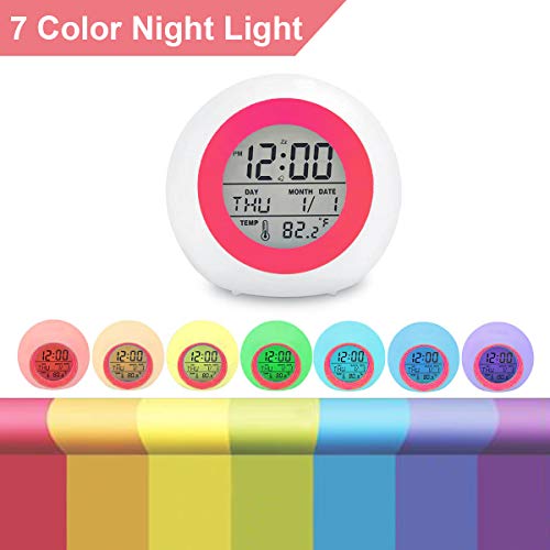 Digital Alarm Clock, 7 Color Night Light, Snooze, Temperature Detect Batteries Operated