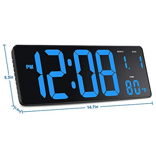 14.5" Large Digital Wall Clock w/ Jumbo LED Number Display, Auto DST, Date, Indoor Temperature