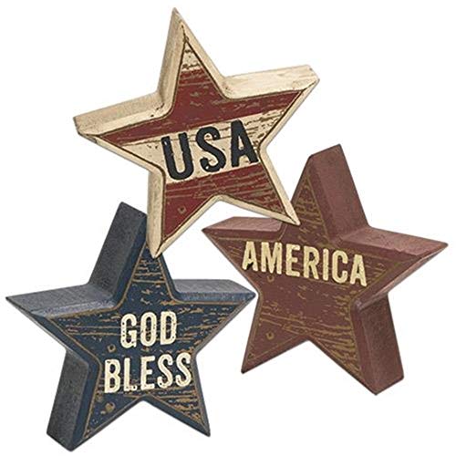 Set of 3 -Wooden Distressed Patriotic Star Sitter Blocks Tabletop Decor