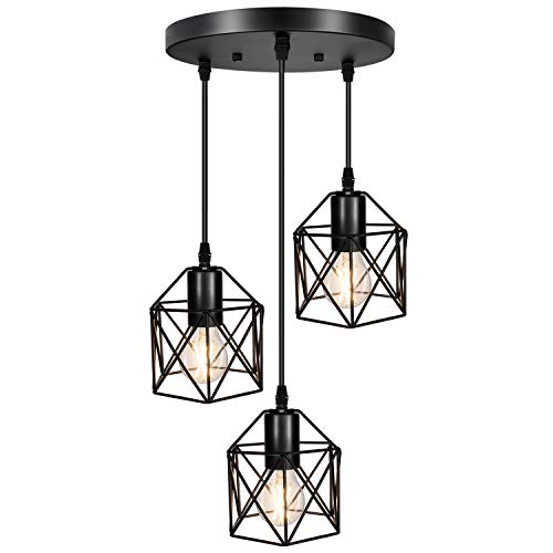 Industrial 3 Pendant Lighting, Adjustable Hanging Light Fixtures w/ Metal Caged E26 Base, Black
