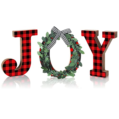 3 Pieces Christmas Joy Wood Table Signs Freestanding Decor with Wreath