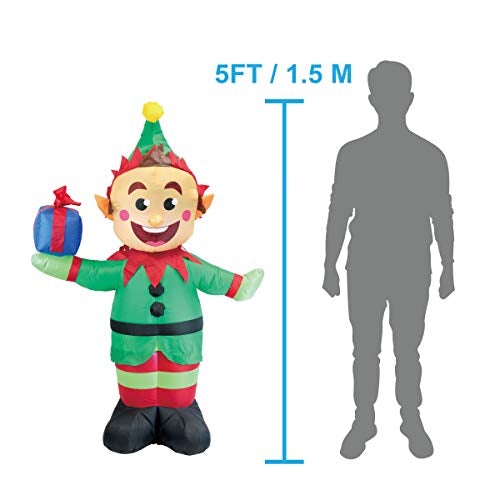 5 Foot Elf with Present Inflatable LED Light Up Christmas Xmas for Blow Up Yard Decoration