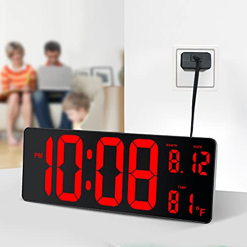 14.5" Large Digital Wall Clock w/ Jumbo LED Number Display, Auto DST, Date, Indoor Temperature