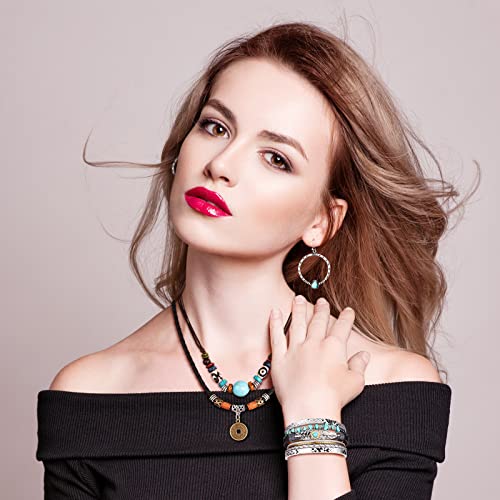 Women Bohemian Necklace, Braided Leather Wristbands Bracelets & Earring Set