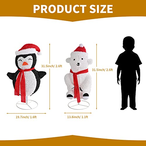 Set of 2- 31’’ Collapsible Fluffy Bear & Penguin w/ 100LT LED Lights, Christmas Holiday Decoration