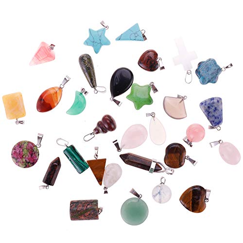 60pcs Natural Stone Pendants Charms Chakra Stone Beads Necklace w/ Leather Cord