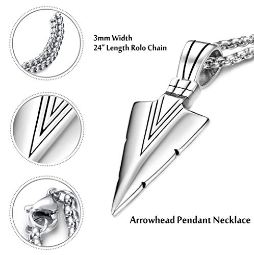 2Pcs Stainless Steel Pendant Necklace for Mens Spearpoint Arrowhead Wolf Teeth Pendant Chain Necklace Set