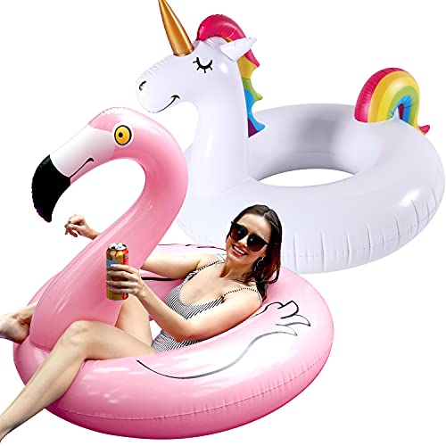 2 Pack 42'' Inflatable Pool Beach Floats Flamingo Unicorn Swim Tube Rings