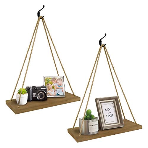 Wood Rope Hanging Floating Shelves Set of 2, Rustic Wood w/ 4 Hooks